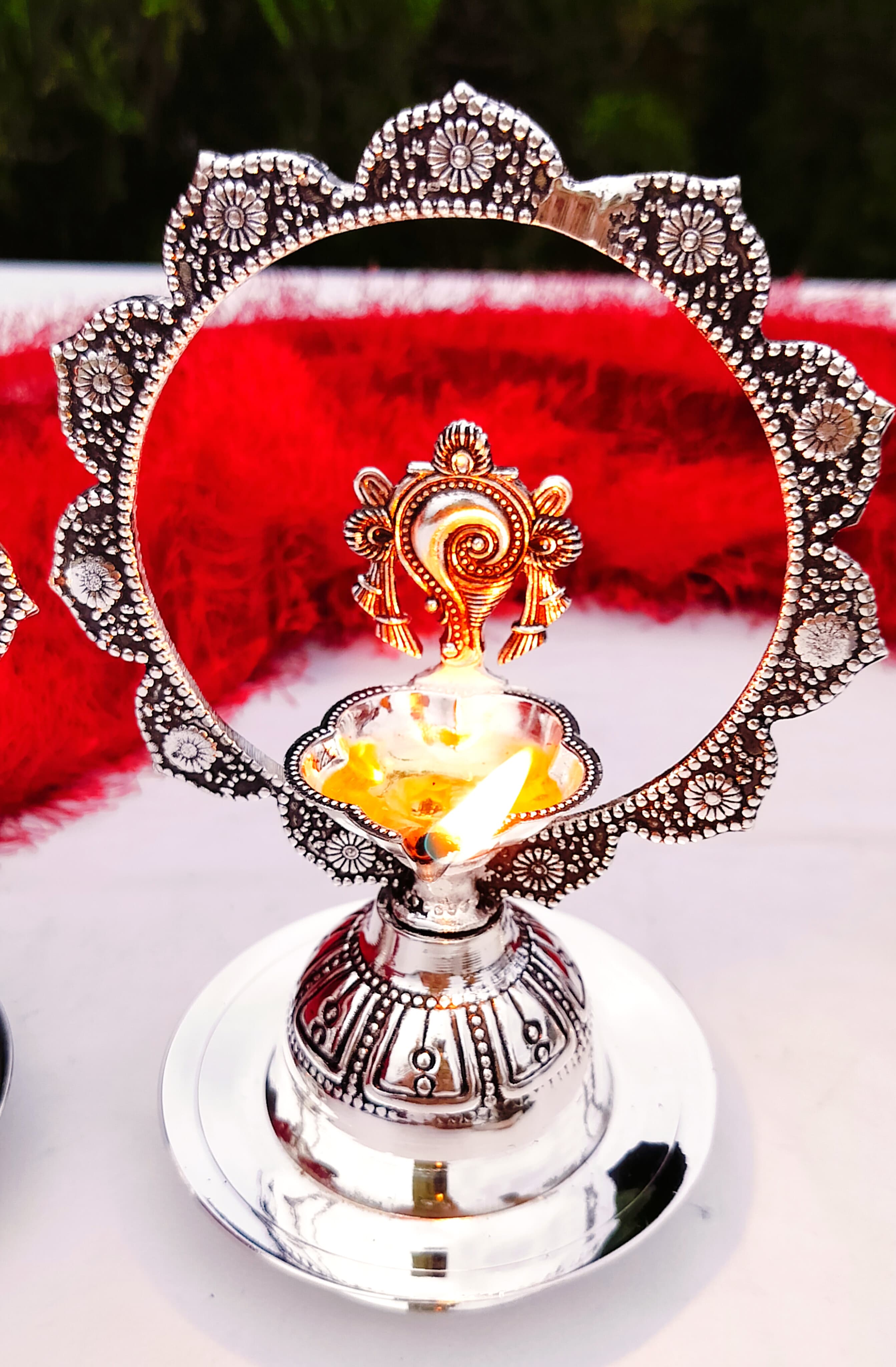 Antique German Silver shanku Chakra Diya Pair for Diwali/ Gift Item